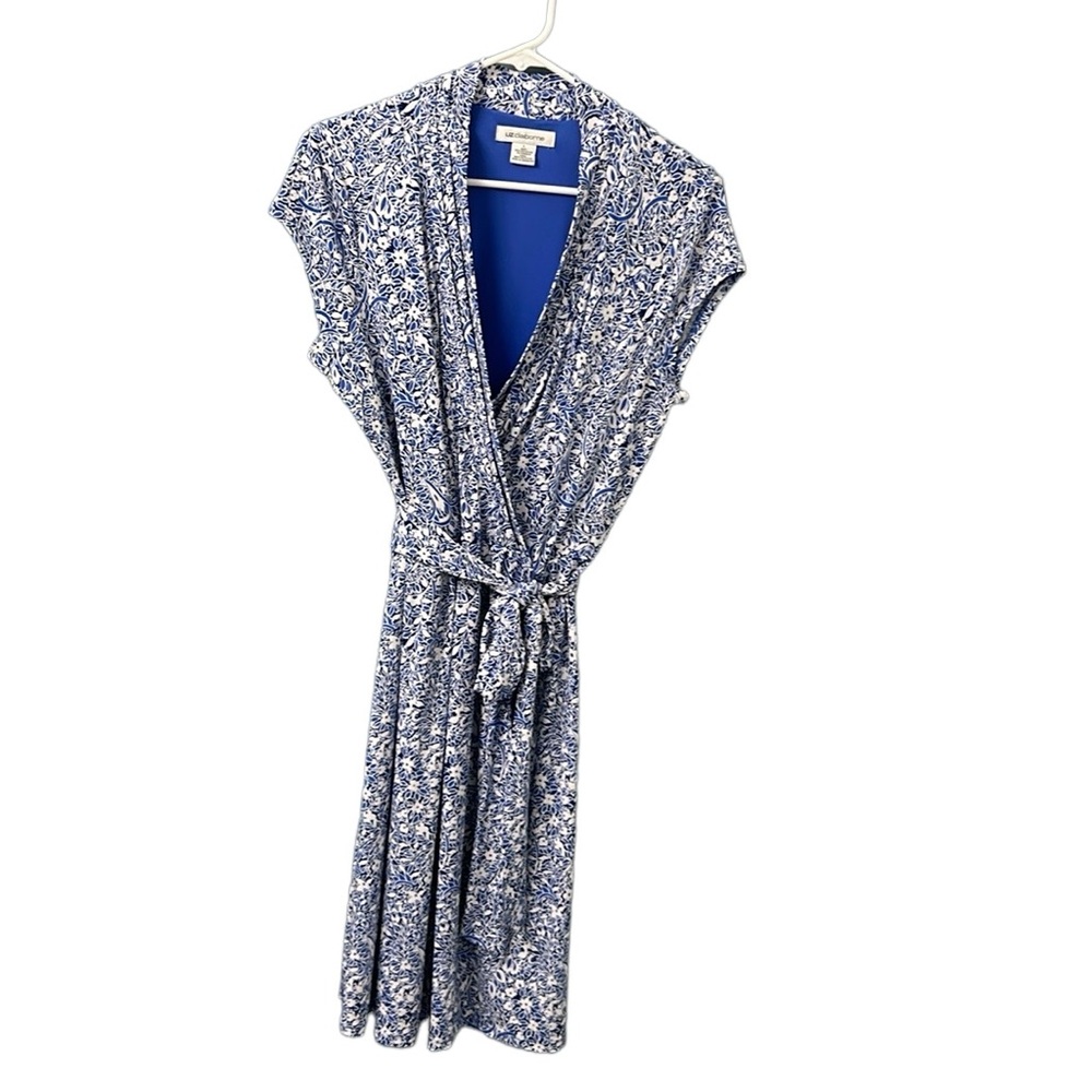 Liz Claiborne cap sleeve faux wrap dress in royal blue, navy and white